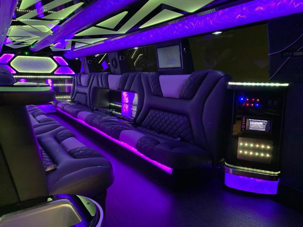 Castle Rock Limo Services 1 Limo interior with purple lights and entertainment center.